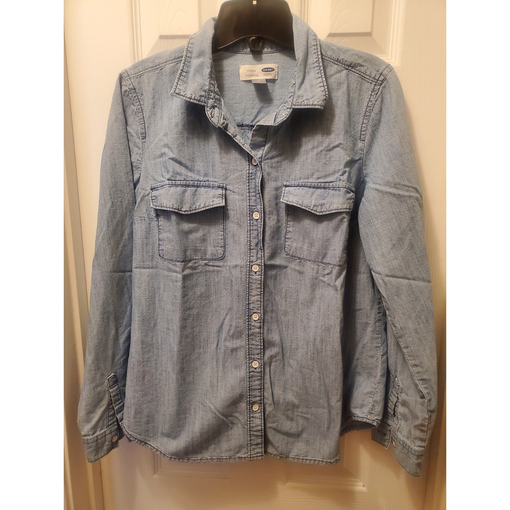 Old Navy Classic Chambray Long Sleeve Sz M Medium Wash Button Up Western Casual‎